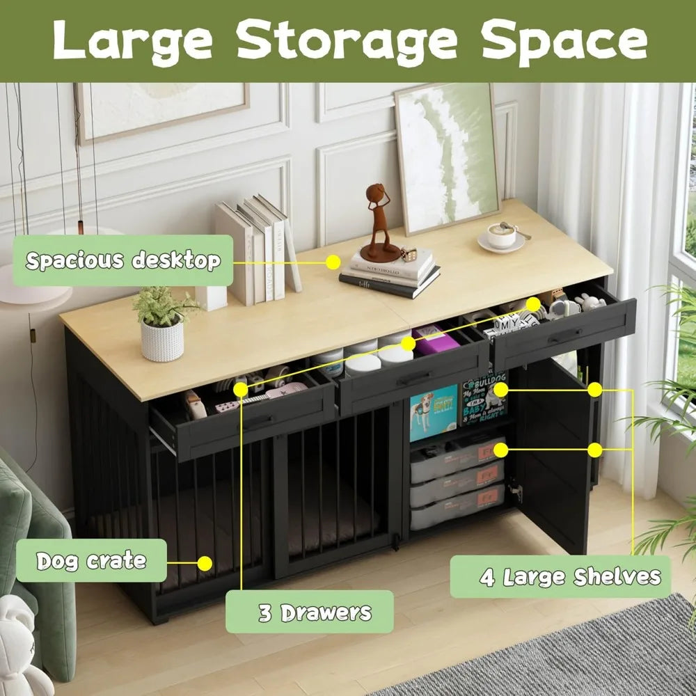 Dog Crate Furniture With Storage, 72.4" Wooden Heavy Duty Dog Kennel Table Furniture With Drawers & Shelves, Indoor Dog House TV