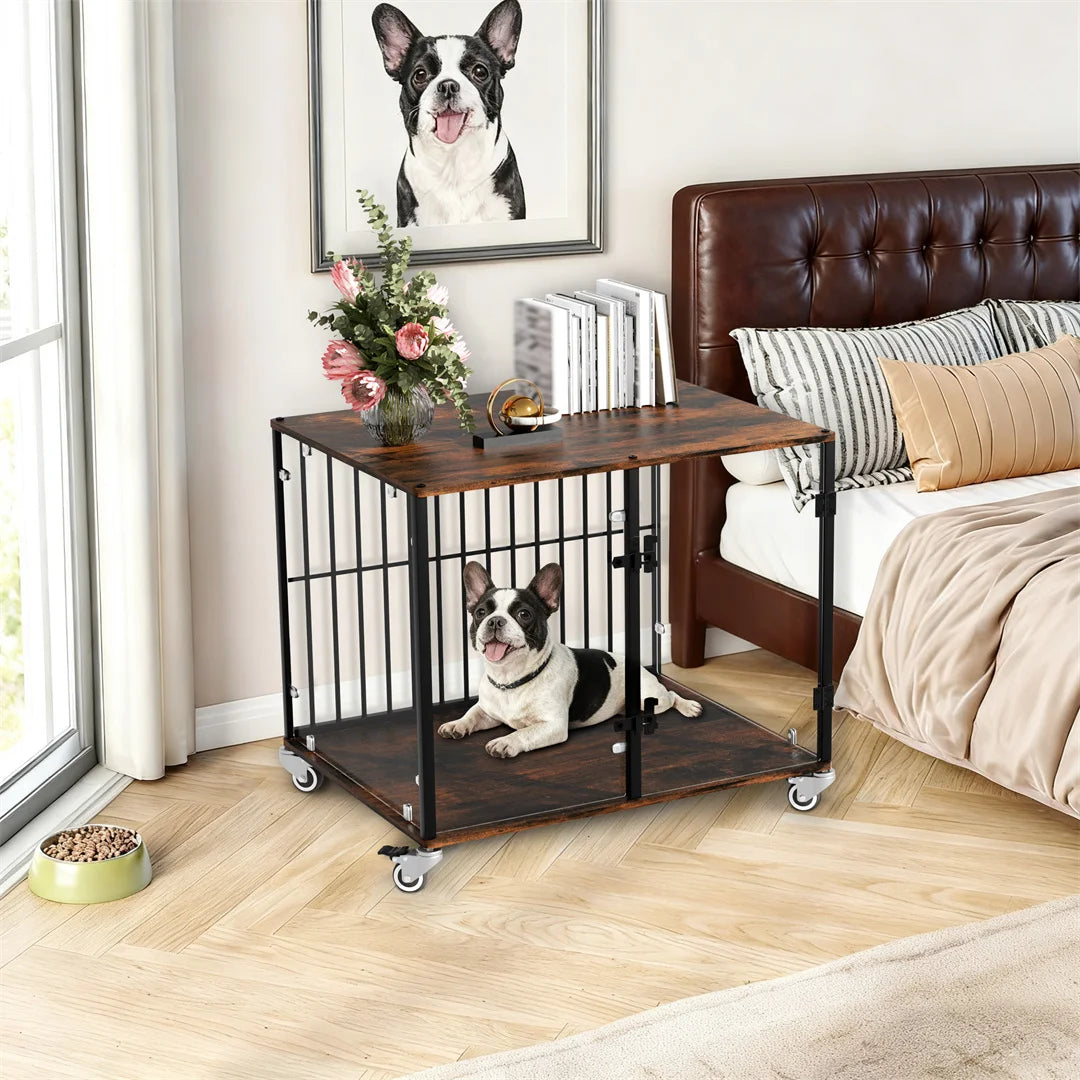 Indoor Dog Cage: Furniture-Style Tempered Glass Dog Pet Cage Dog Kennel End Table Crate with Smooth Rolling Wheels