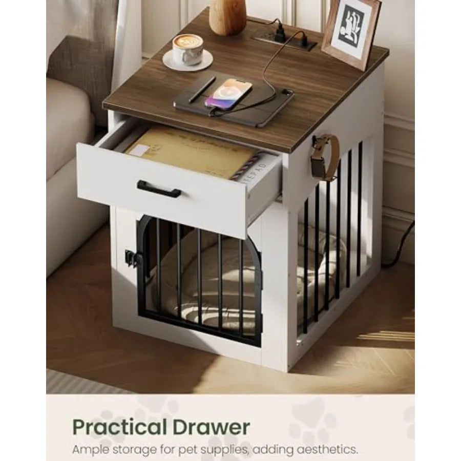 Dog Crate Furniture, Wooden Dog House with Charging Station and Storage Drawer, Indoor Pet Crate End Table for Small Breeds