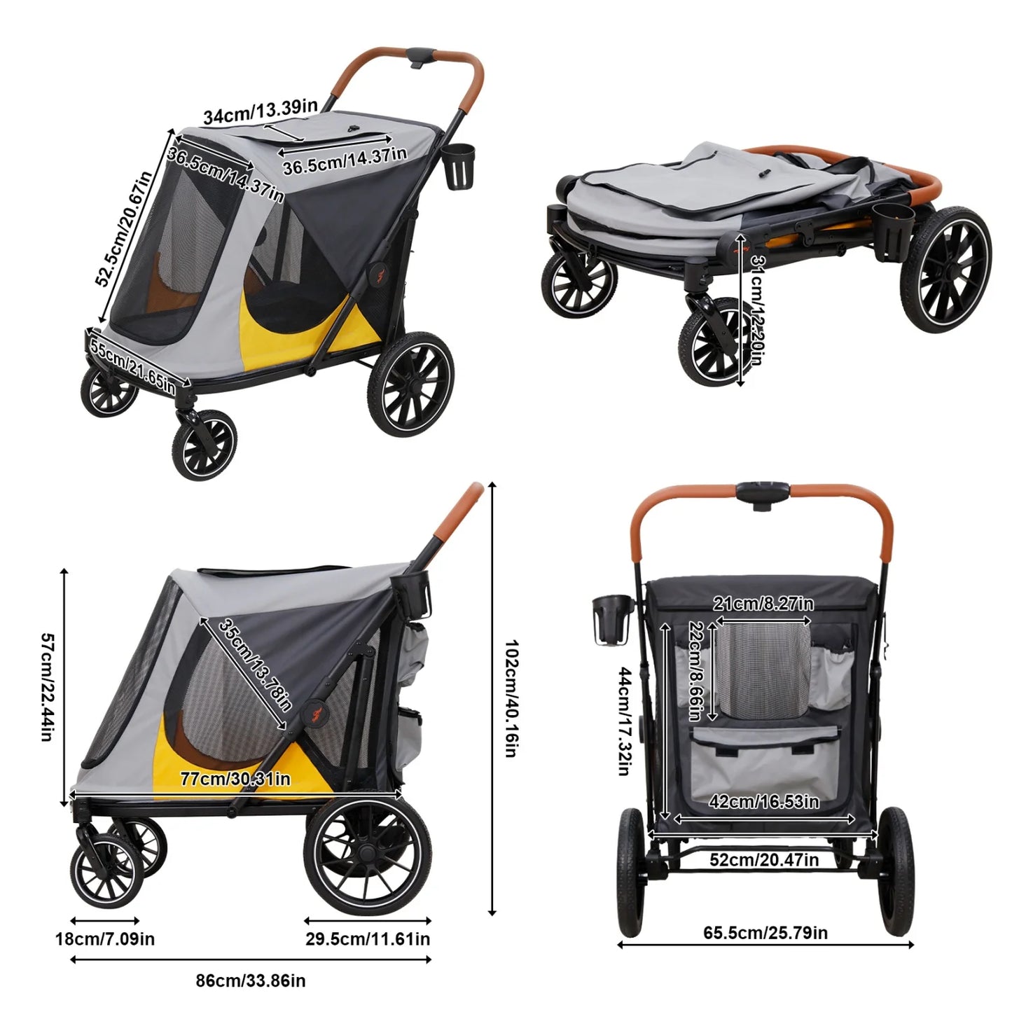 4 Wheels Dog Stroller for Large Dogs Up to 42kg One-Click Folding Pet Carrier Stroller Jogger Cart With Storage Pockets