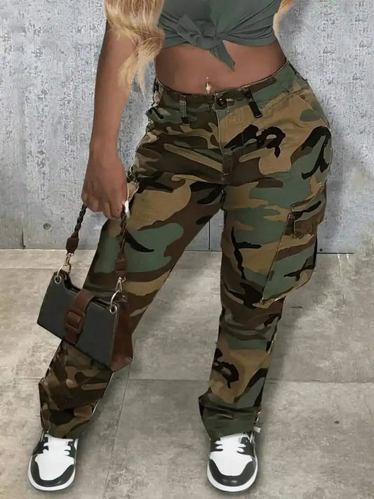 Womens High-Waist Camo Print Cargo Pants Stretchy Casual Jogger Pants With Pockets