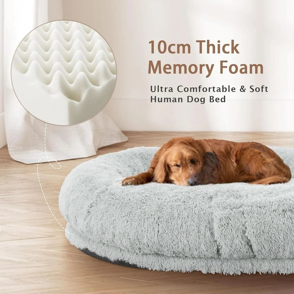 Oversized 71" x 45" x 12" Grey Memory Foam Dog Bed with Pillow, Blanket & Strap for Adults and Large Pets, Customized