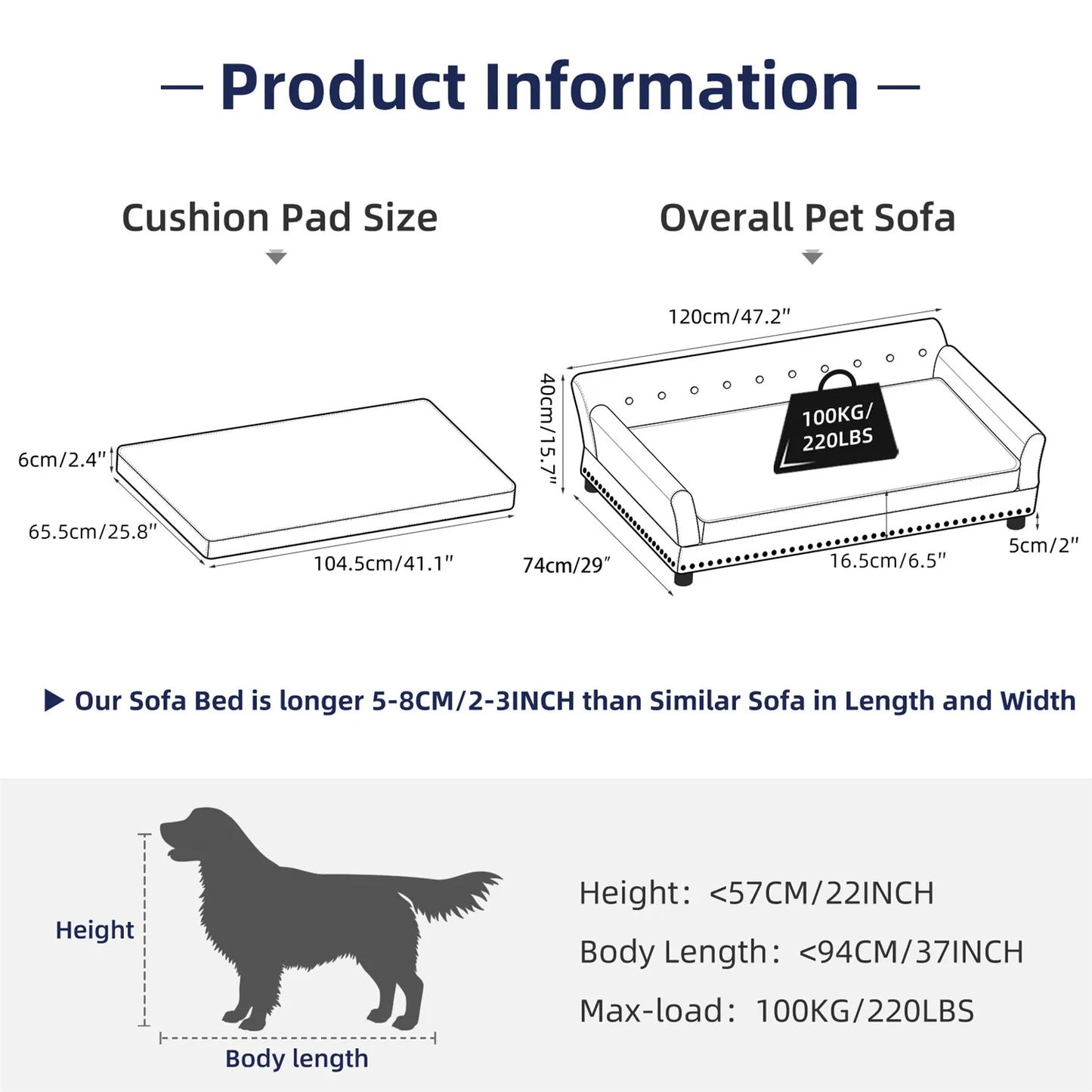 Large Dog Sofa Bed Deluxe Tufted Elevated Jumbo Dog Couch Bed Made Of Velvet - Pet Giant Snuggle Sofa Lounger Memory Foam