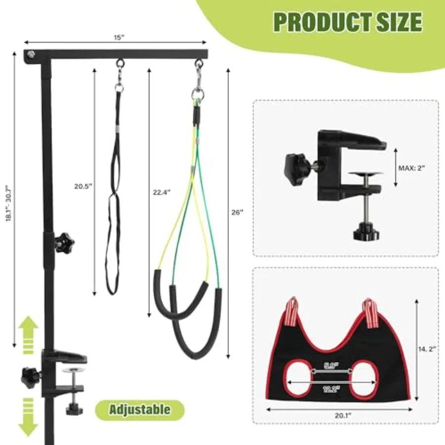 Dog Grooming Arm with Pet Grooming Hammock, 35" Pet Grooming Table Arm with Adjustable No Sit Haunch Holders, Dog Grooming Stand