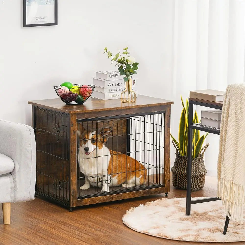 Medium Rustic Brown Wooden Dog Crate with Cushion and Double Doors