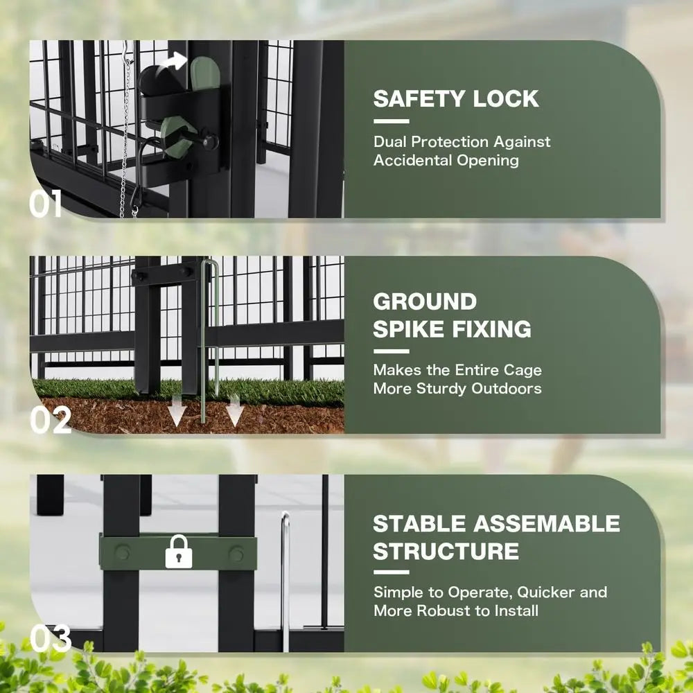 Sturdy Steel Outdoor Dog Kennel with Lockable Door, Weather-Resistant Roof, and Rotating Bowls for Various Dog Sizes