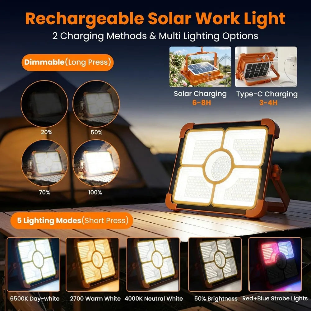 Portable Rechargeable Camping Light with Tripod, 12000mAh Solar LED Work Light, 5 Lighting Modes, Waterproof, for Camping, Car Repair & Emergency Use