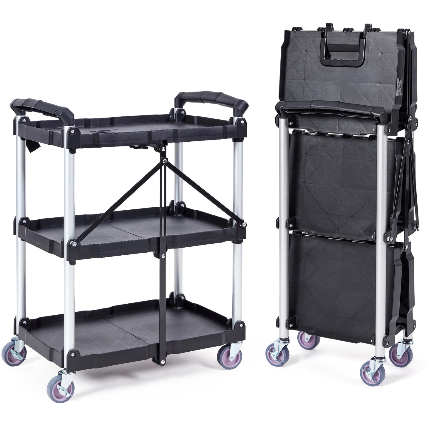 3-Tier Folding Rolling Utility Cart Storage Shelf Movable Gap Rack Serving Cart Slide Organizer for Kitchen Bathroom
