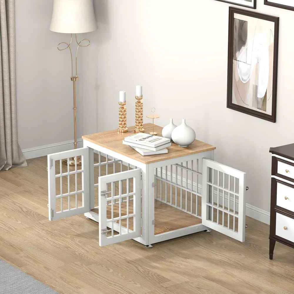 Sturdy 26 Dog Crate as Furniture for Small Breeds, Ornamental Wooden Pet House, Indoor Kennel Table in White