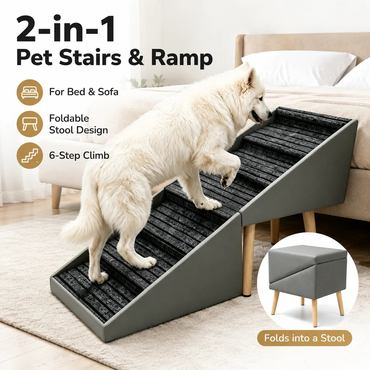 6 Step Dog Stairs Pet Ramp for Bed and Sofa Foldable Ottoman Non-Slip Steps for Small, Medium, Large Dogs Indoor Furniture Access
