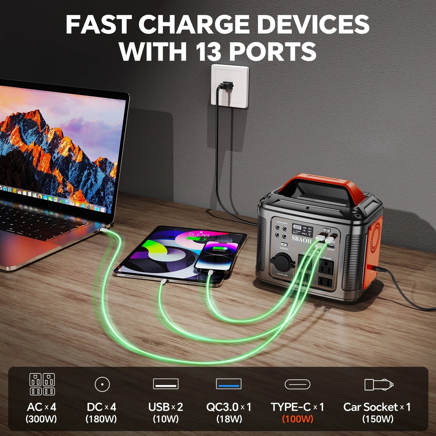 300W Portable Power Station, 296Wh 80000mAh Camping Solar Generator, Emergency Lithium Battery Outages, Black(with Solar Panel)