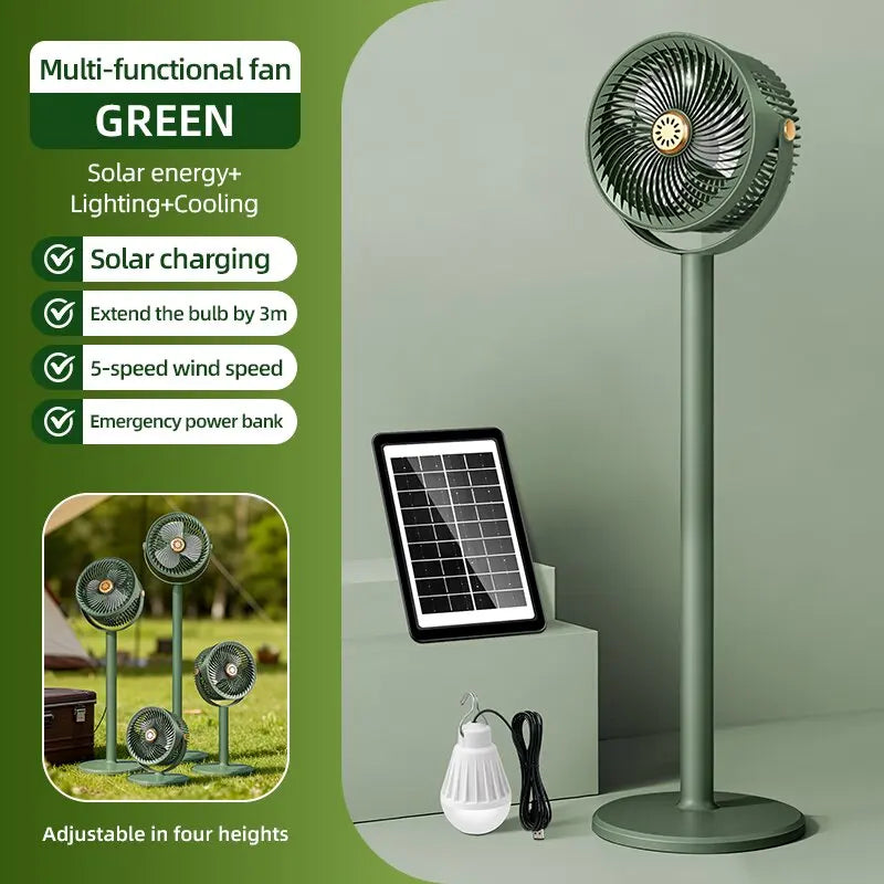 Portable Solar Fan, Multifunctional Camping Fan, Solar Panel or USB Rechargeable Fan, 5 Wind Speeds, 4 Adjustable Heights Floor Fan/Table Fan, Can Charge Mobile, Suitable for Indoor and Outdoor Activities and Emergencies.