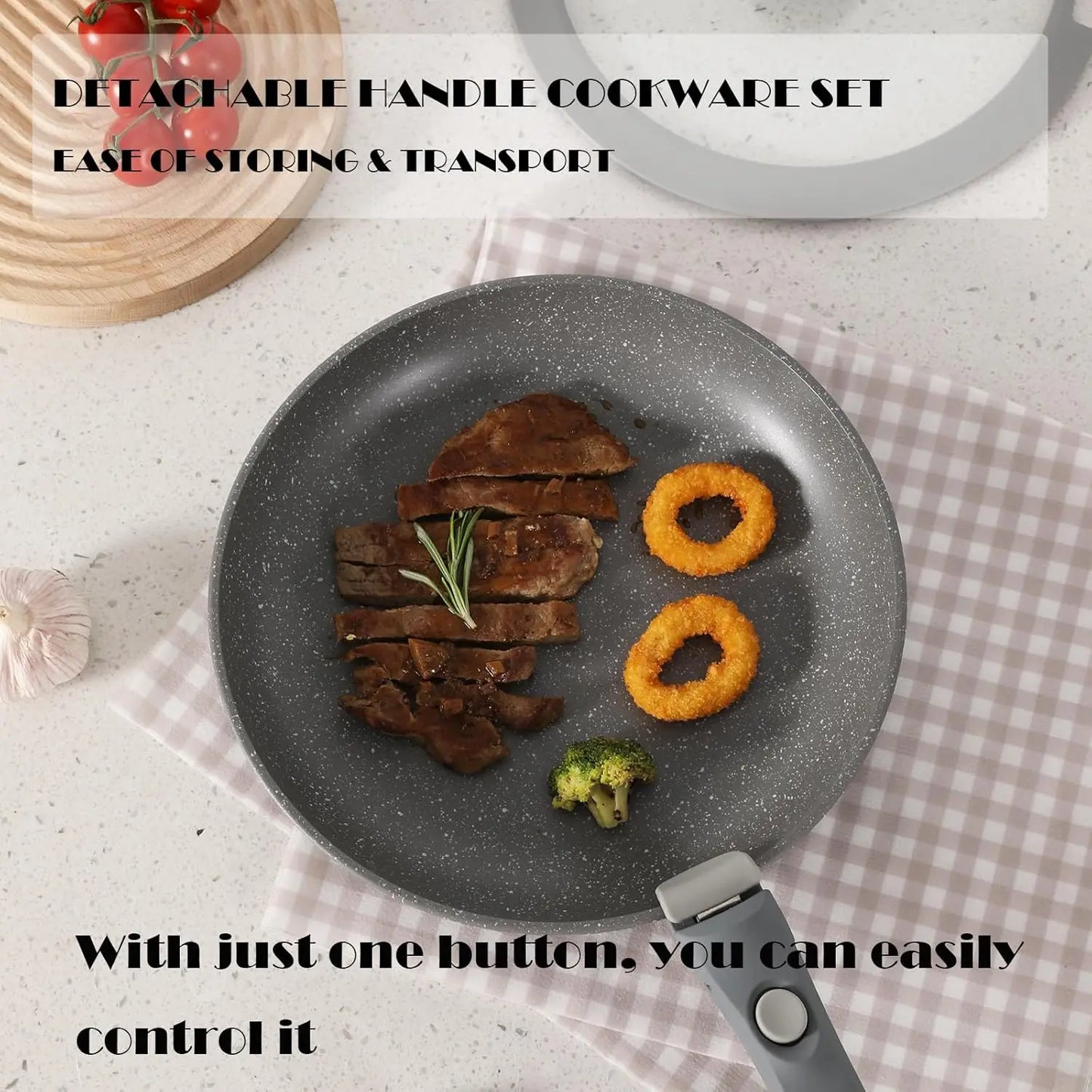 Gray Non Stick Pot and Pan Set with Removable Handle, Ceramic Cookware Set Detachable Handle, 5pcs Induction Kitchen Camping Station
