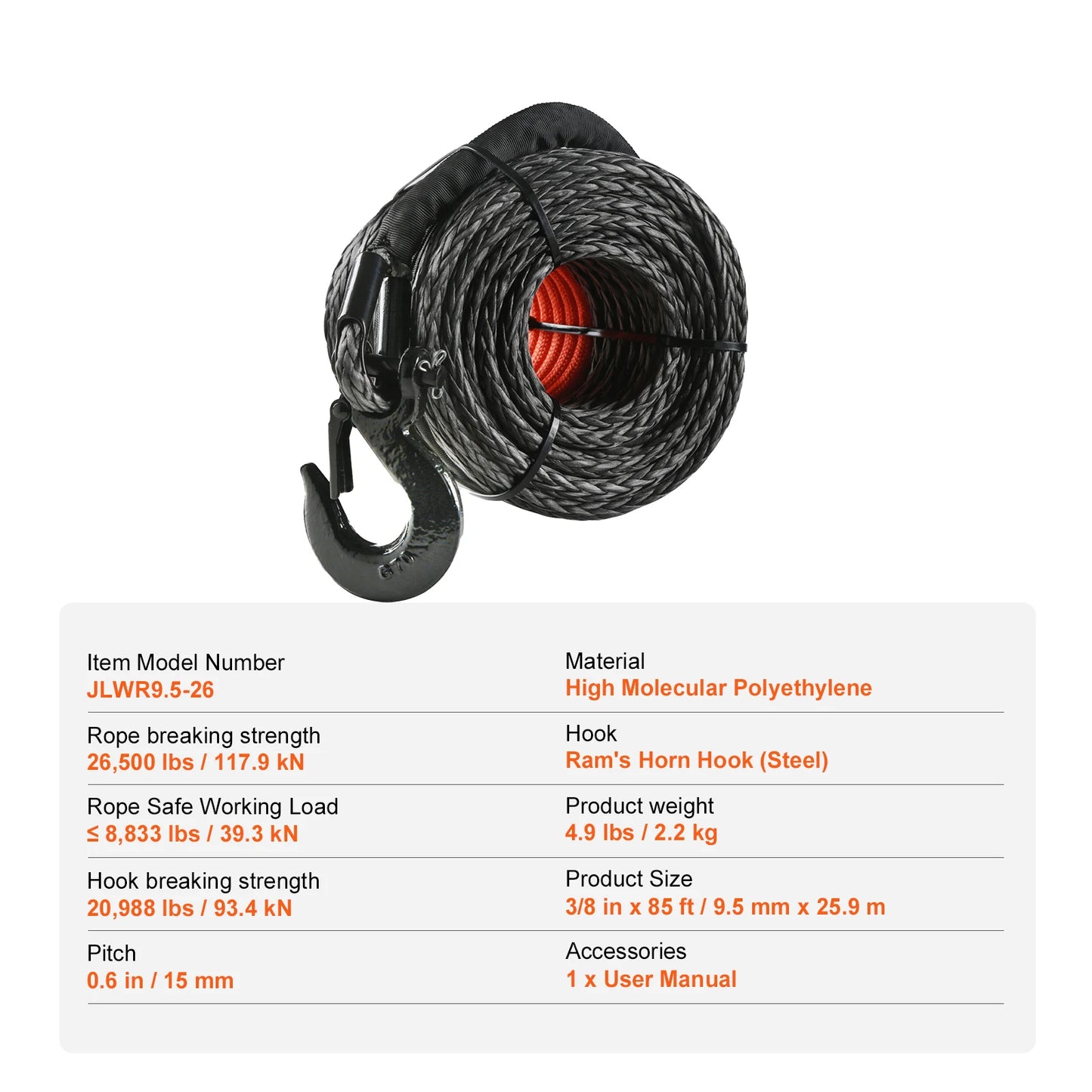 26500/32000Lbs Synthetic Winch Rope Truck Boat Replacement Line Cable Rope with Forged Hook ATV Car Outdoor Accessories