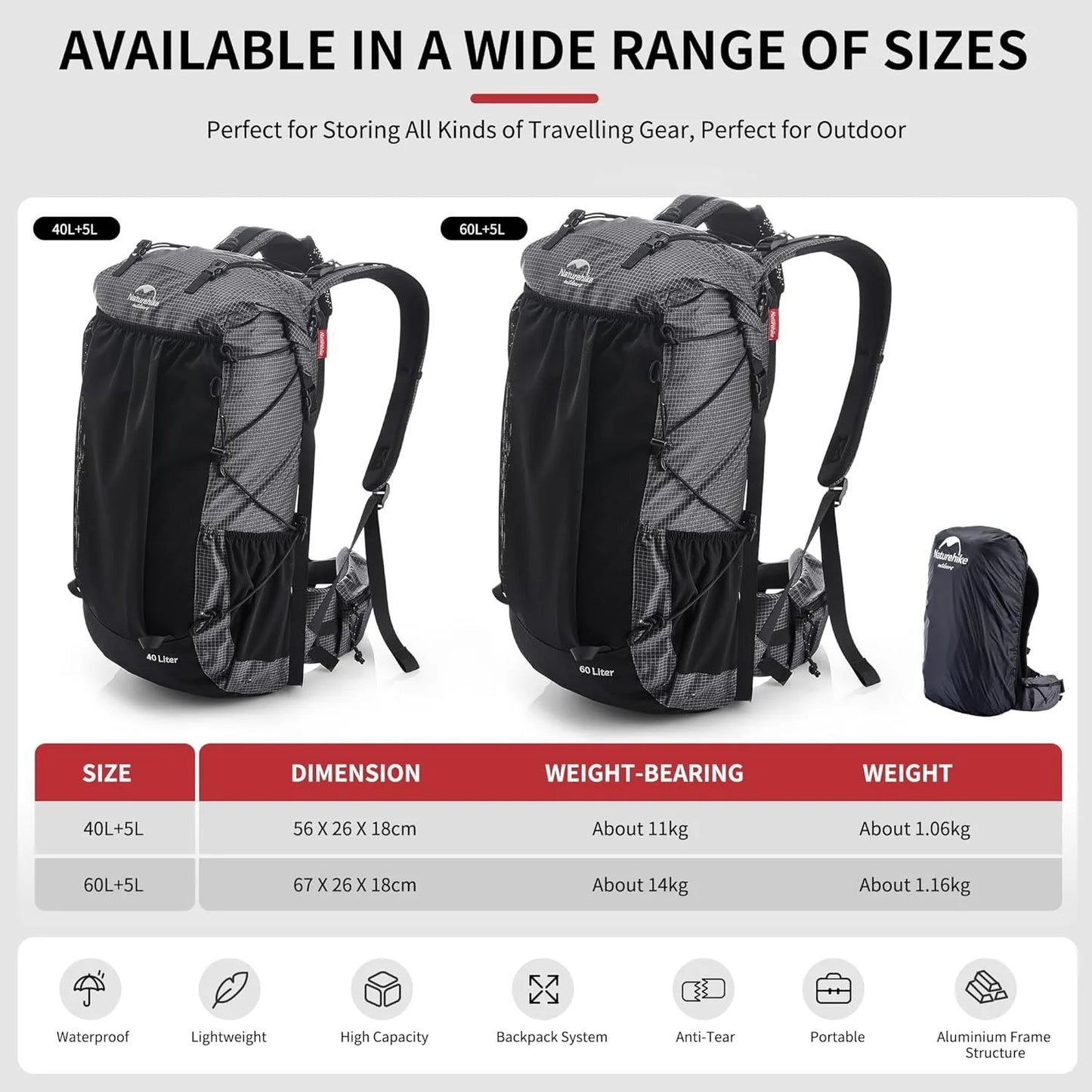 Rock Outdoor Bags 40L 60L Travel Backpacks Large Capacity 60+5L Camping Hiking Packs Hiking Bag With Rain Cover