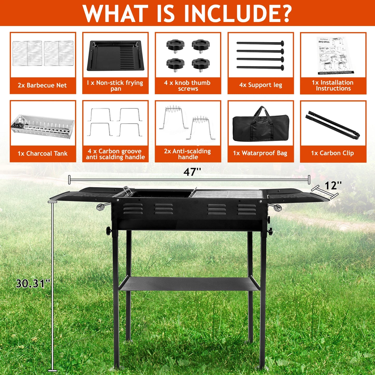 Portable Charcoal Grill Foldable Kabob Barbecue for Camping Hibachi Griddle Lamb Skewer Garden Backyard Party Picnic Black