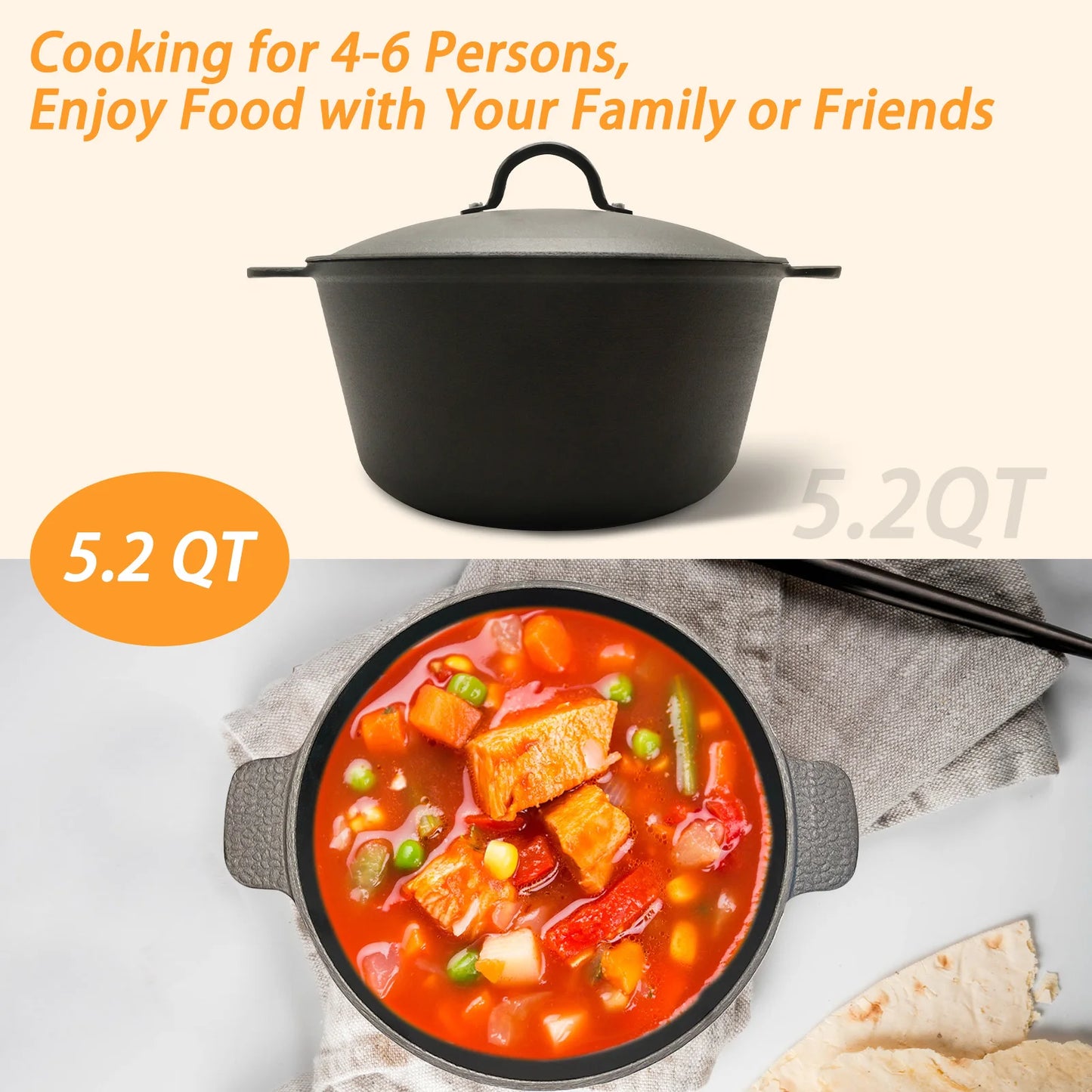 5.2 Qt Lightweight Cast Iron Dutch Oven With Lid, Honeycomb Base Nonstick Pot, Induction Compatible BPA-Free for Home Cooking Camping Bread Baking