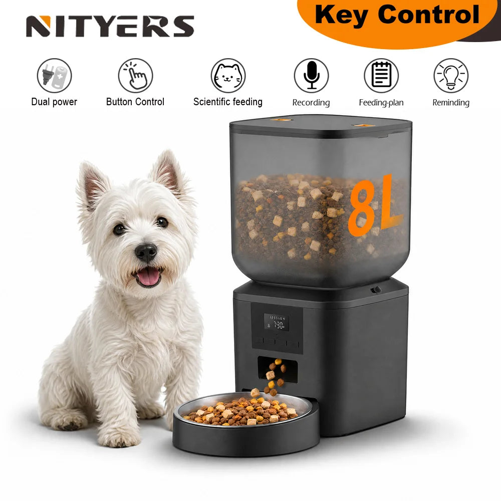 8L Automatic Dog Feeder, Smart Pet Food Dispenser with Key Control, Voice Recorder, Dual Power Supply, Timed Auto Cat Feeder with Stainless Steel Bowl