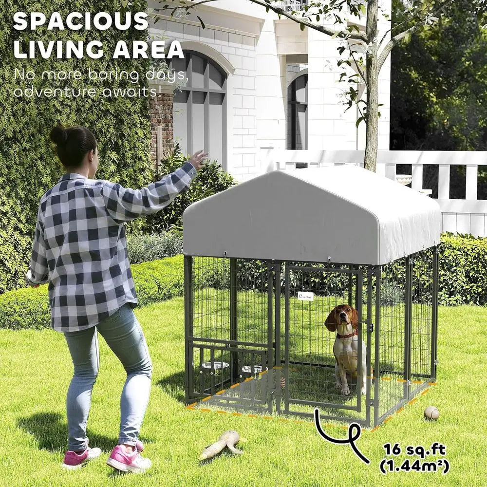 4ft Outdoor Dog Kennel with Rotating Bowls, Adjustable Levels, Weather-Resistant Cover for Medium Breeds, Pets, and Poultry