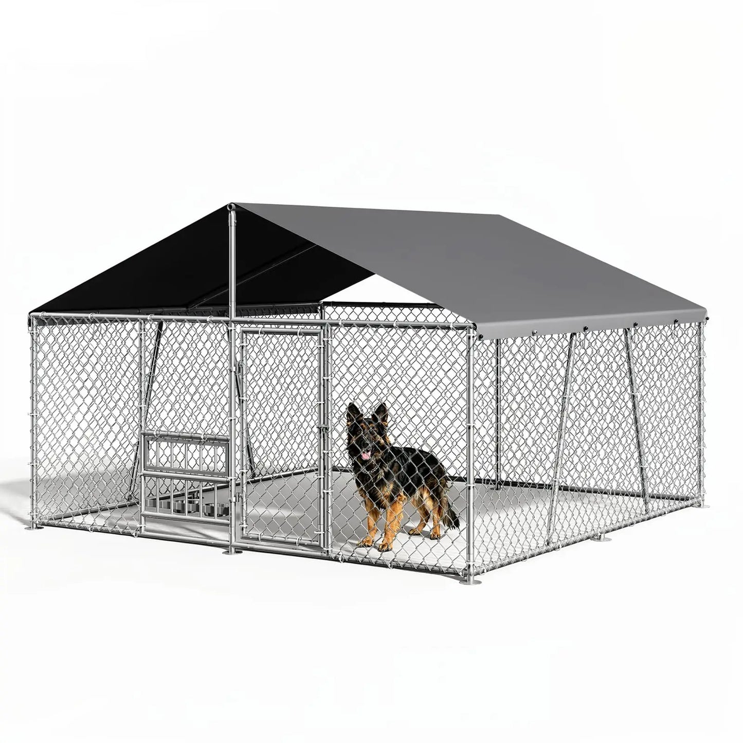 10 x 10 x 5.9FT Outside Dog Enclosure With PE Waterproof Roof, 360° Feeding Door, Heavy Duty Lockable Galvanized Kennel
