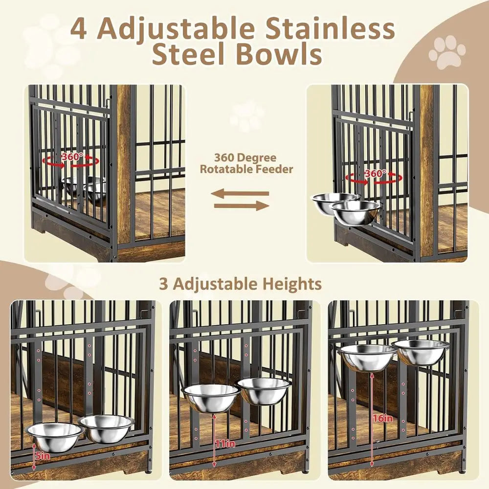 XL Double Dog Crate Furniture, TV Stand with Adjustable Divider, 4 Bowls, Suitable for Medium to Small Breeds, Brown