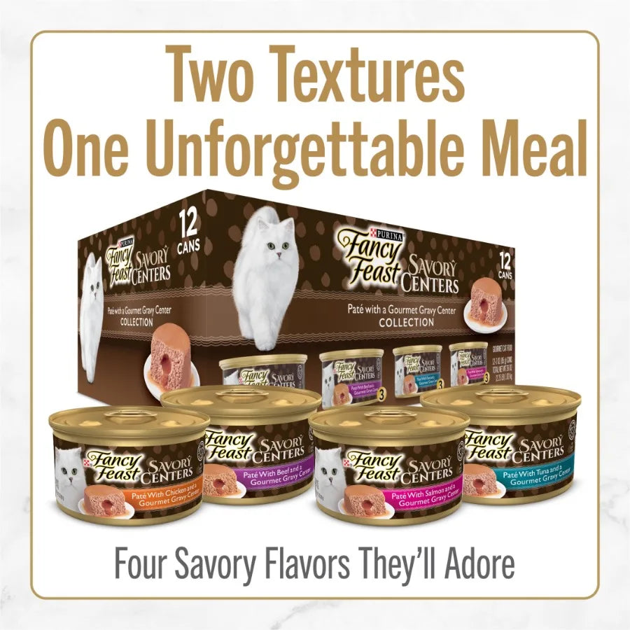 Savory Centers Wet Cat Food Pate Variety Pack With Chicken, Salmon, Beef, and Tuna Pate with Gravy Center, 3 oz Cans
