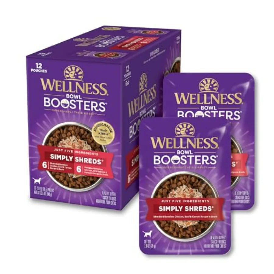Bowl Boosters Simply Shreds Wet Dog Food Topper for Small, Medium, and Large Breeds, Grain Free, Natural, Recipes, Pack of 12