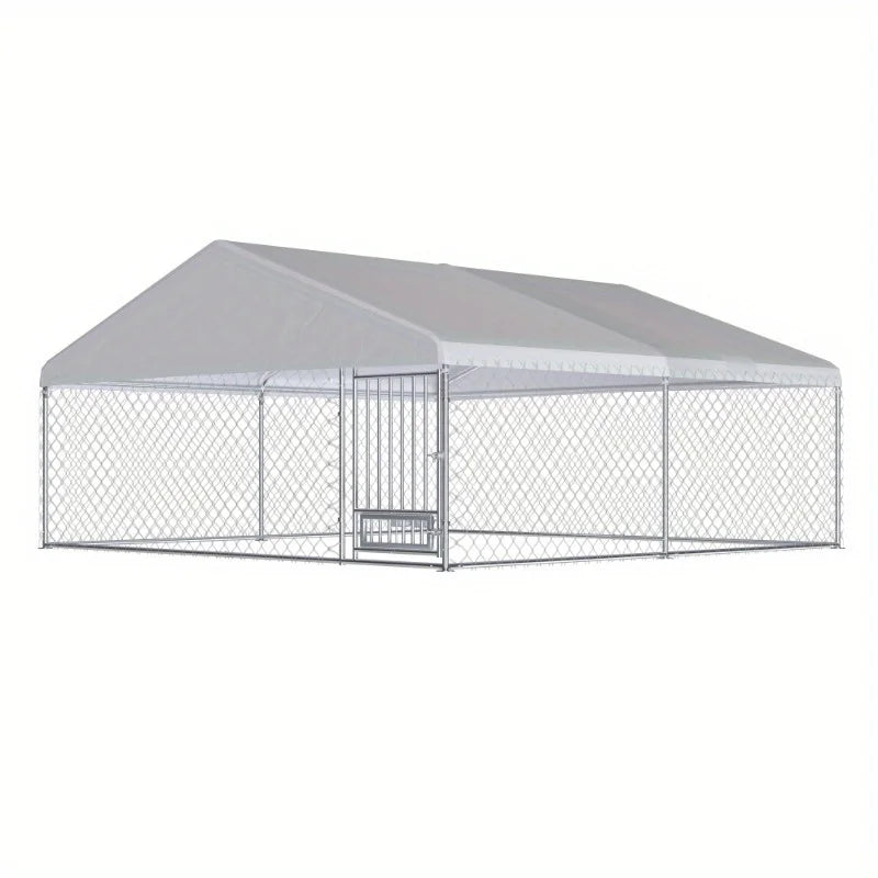 13'x 13' Large Outdoor Dog Kennel – Heavy Duty Metal Kennel with Waterproof Cover, Rotating Feeder & Lockable Door