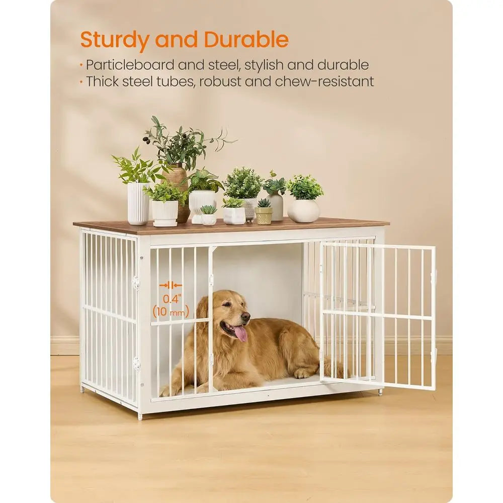 Wooden Dog Crate Furniture, 48 Inches Heavy-Duty Kennel or Dogs up to 110 lb, with Double Do and Enclosed Wood Base, Modern Pet Cage