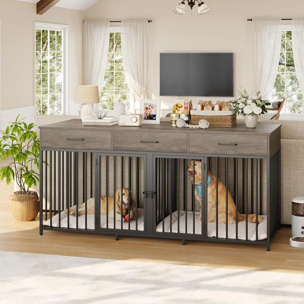 71 Wide Indoor Dog Kennel with 3 Doors, Suitable for 2 Large/Medium Dogs, Heavy Duty Cage with Removable Divider, Wooden Pet House