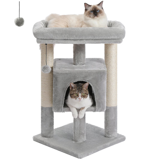 Small Cat Tree Tower with Natural Sisal Scratching Posts, Soft Top Perch, and Plush Pom-Pom Cozy Cat Condo Bed for Indoor Cat Toys