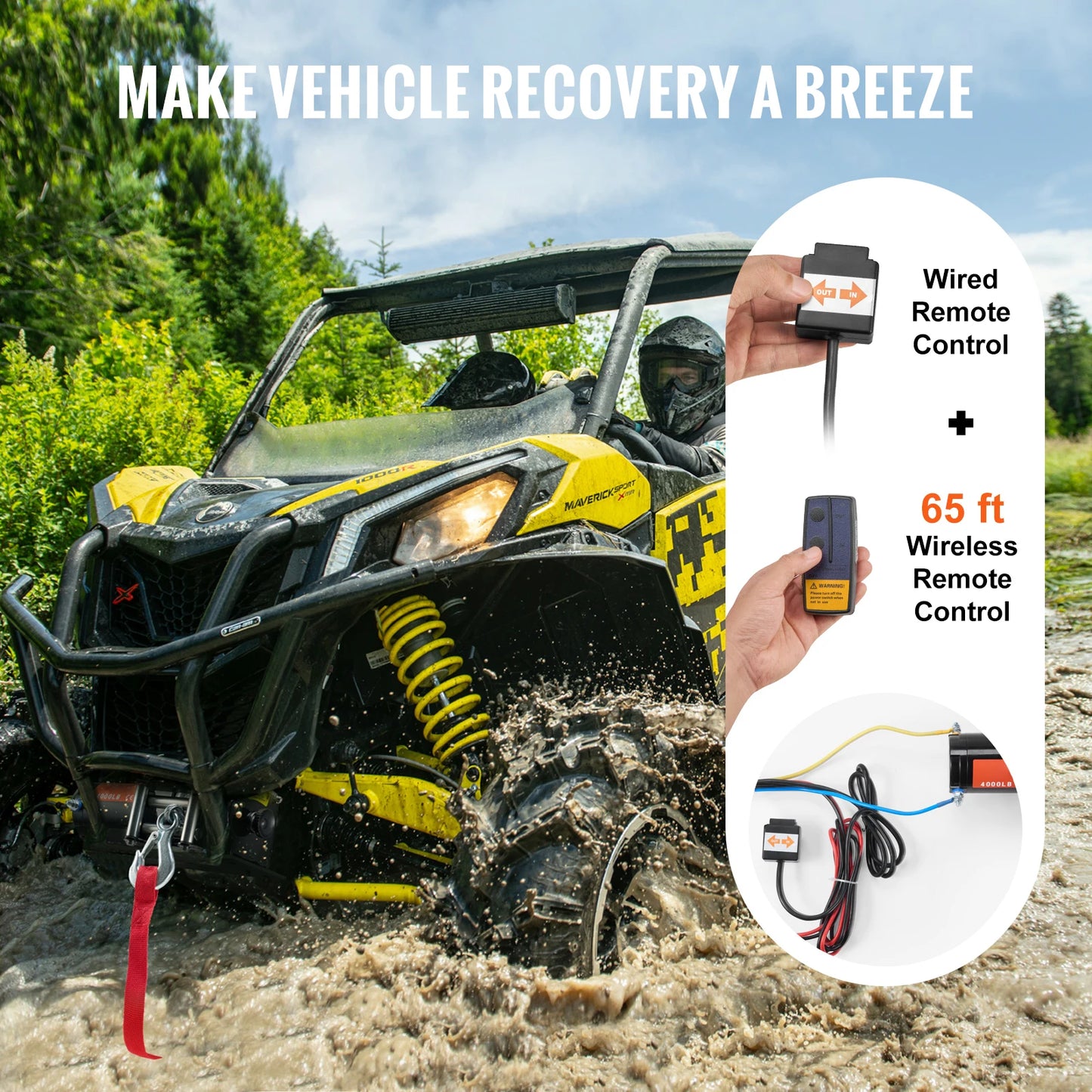 4000lbs Electric Winch with 39 Ft 7 Strands Steel Cable Wireless & Wired Remote Control ATV/UTV Winch for Truck Towing