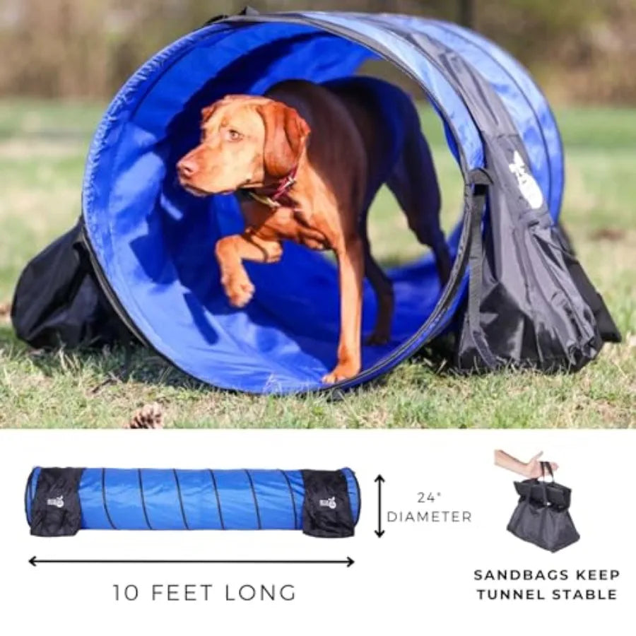 Elite Agility Set for Dogs w/Safety-Focused Features 7Pc Agility Kit 2 Bar Jumps w/Cup Strips Breakaway Tire Jump 6 Weave Poles