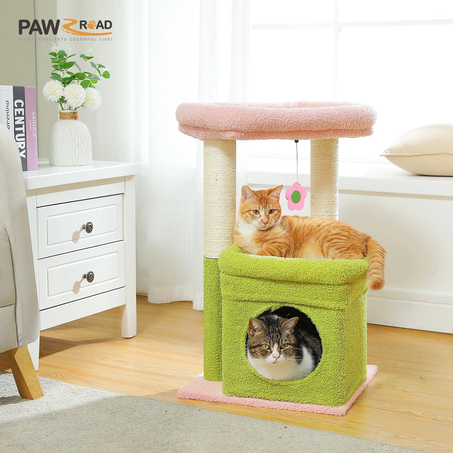 Cat Tree Cat Tower with Cozy Condo, Wide Top Perch, Natural Sisal Posts, Soft Plush, Playful Pom-Pom Suitable for 1-2 Indoor Cats