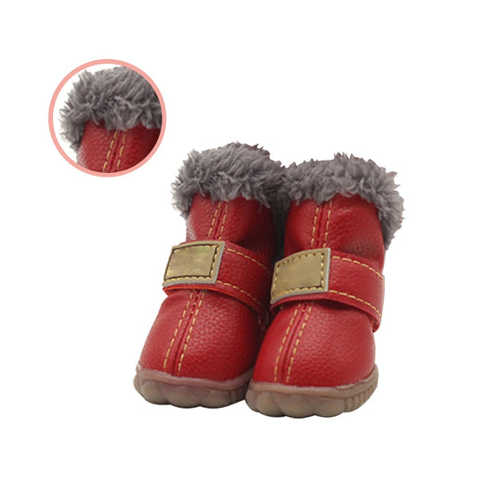 4pcs Pet Shoes Waterproof Snow Boots PU Leather Winter Pet Footwear, Red, 2 Yards