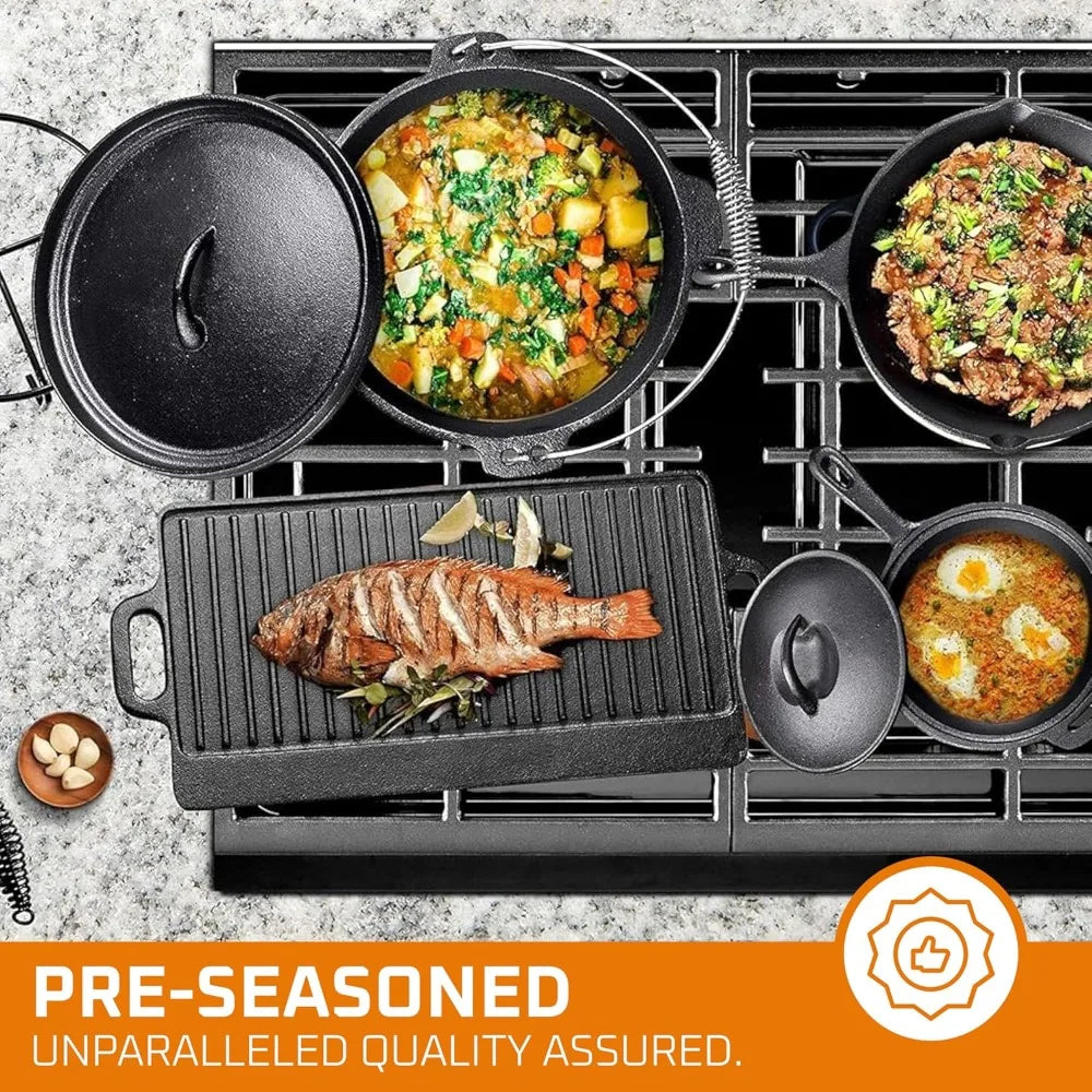 Camping Cook Set of 7 Pre-Seasoned Cast Iron Pots Pans Dutch Oven with Lids Outdoor Campfire Grill Skillet Set with Storage Box