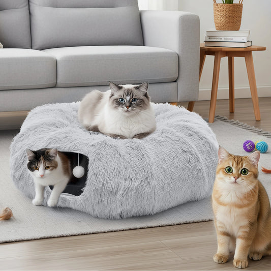 Cat Tunnel Bed for Indoor with Soft Plush Washable Multi-functional Playground Under Tree Pet Toys for Kittens Puppy