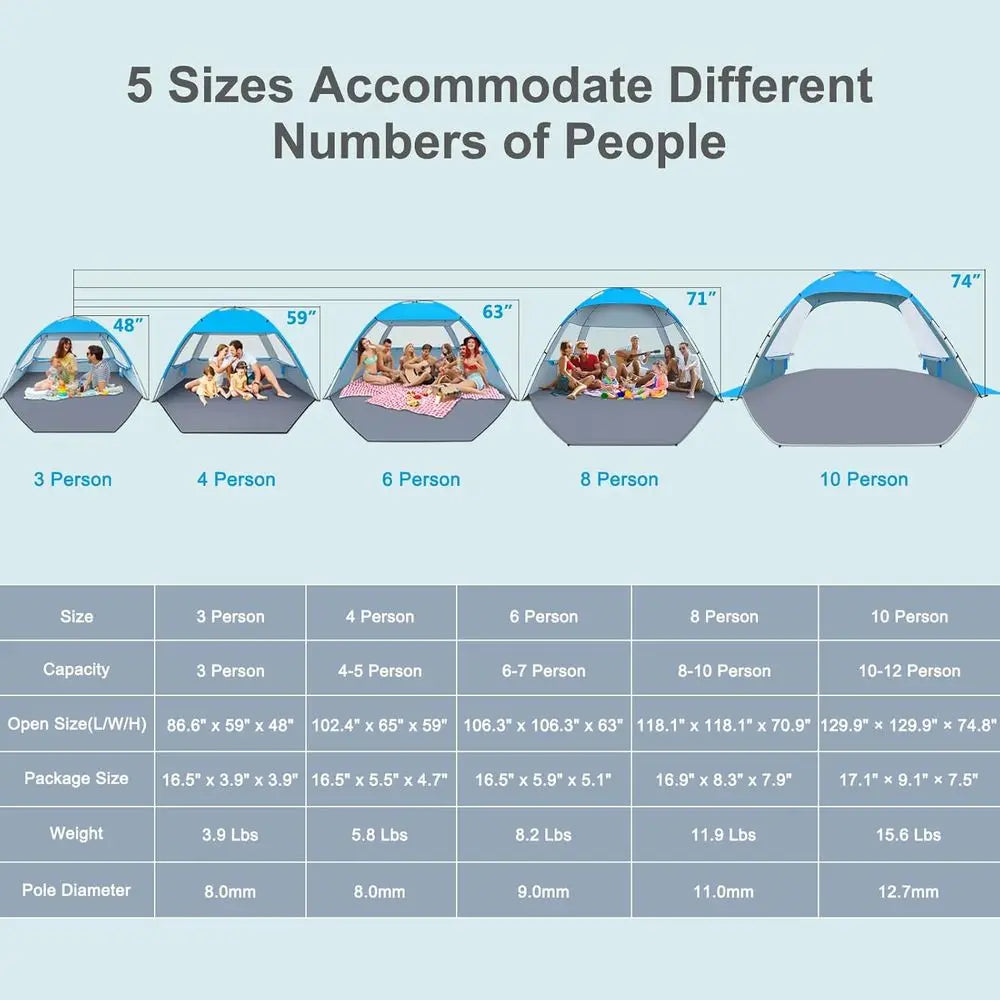 Portable UV-Protected Beach Tent for 3-10 People, Lightweight & Easy Setup Shade Cabana