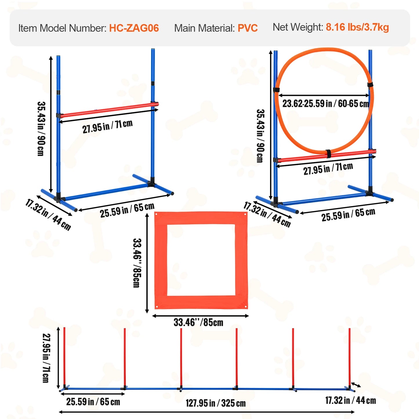 Dog Agility Training Equipment 4 PCS Set with Adjustable High Hurdles 6 Weave Poles Jump Ring Square Pause Box Whistle
