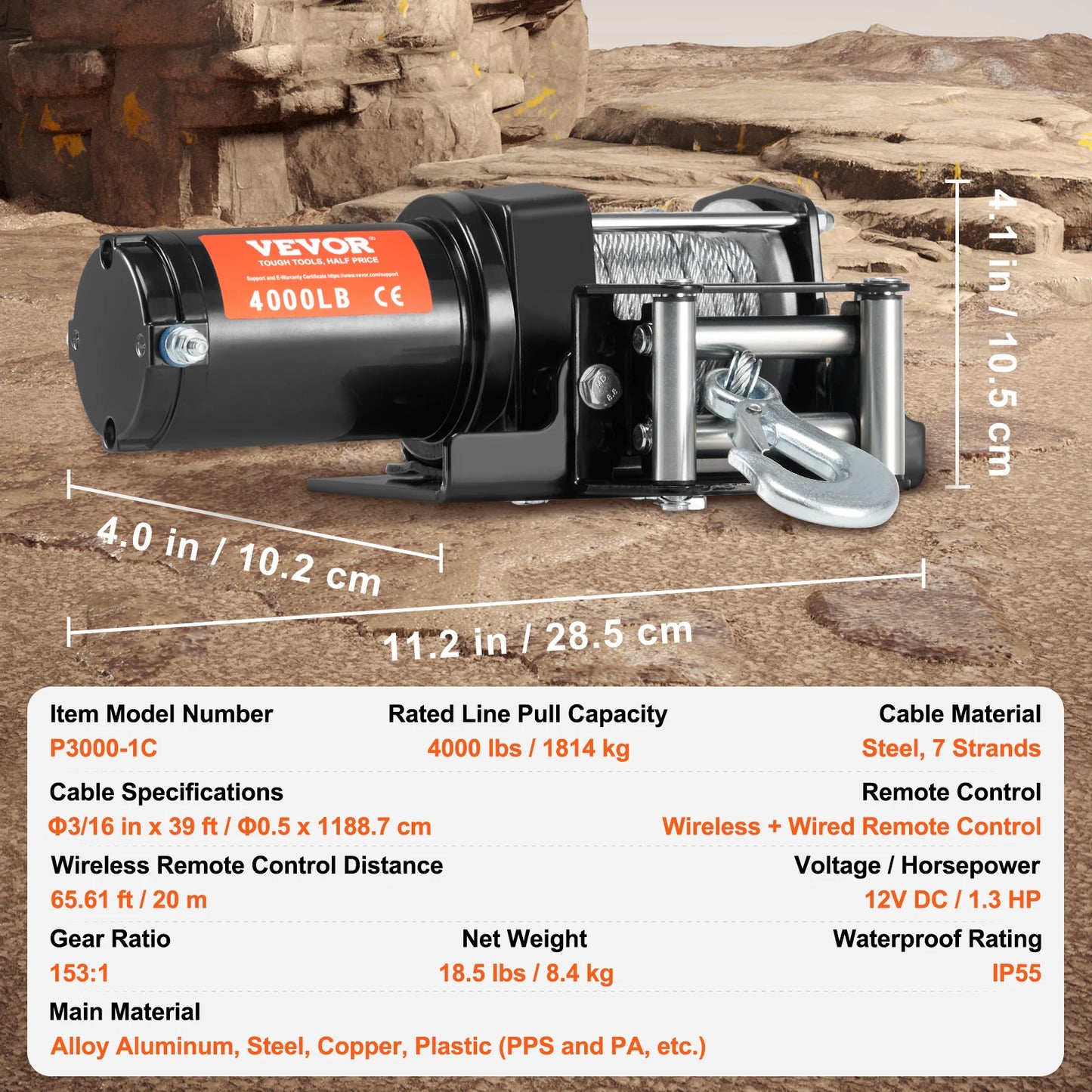 4000lbs Electric Winch with 39 Ft 7 Strands Steel Cable Wireless & Wired Remote Control ATV/UTV Winch for Truck Towing