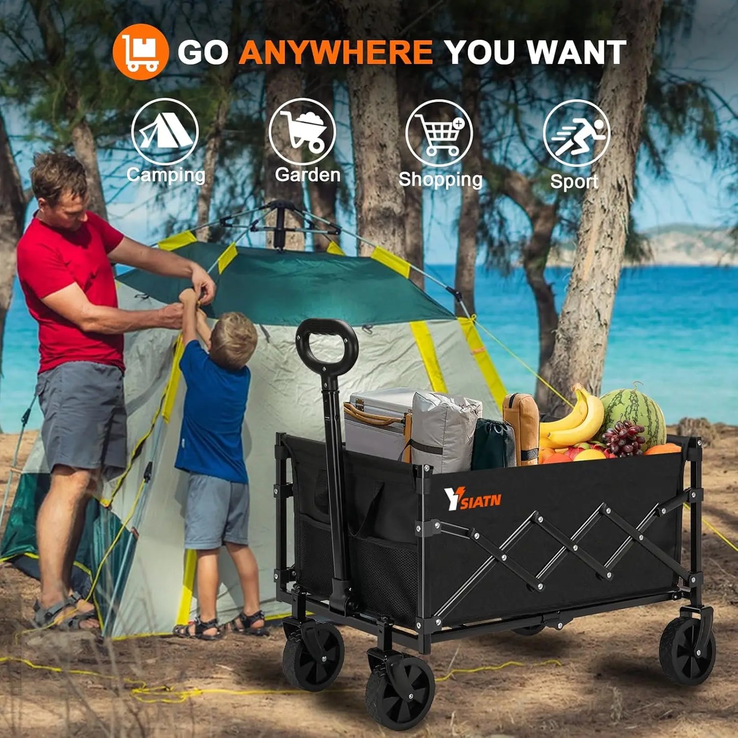 Collapsible Wagon Cart Foldable with 350lbs Weight Capacity, Lightweight Utility Shopping Cart