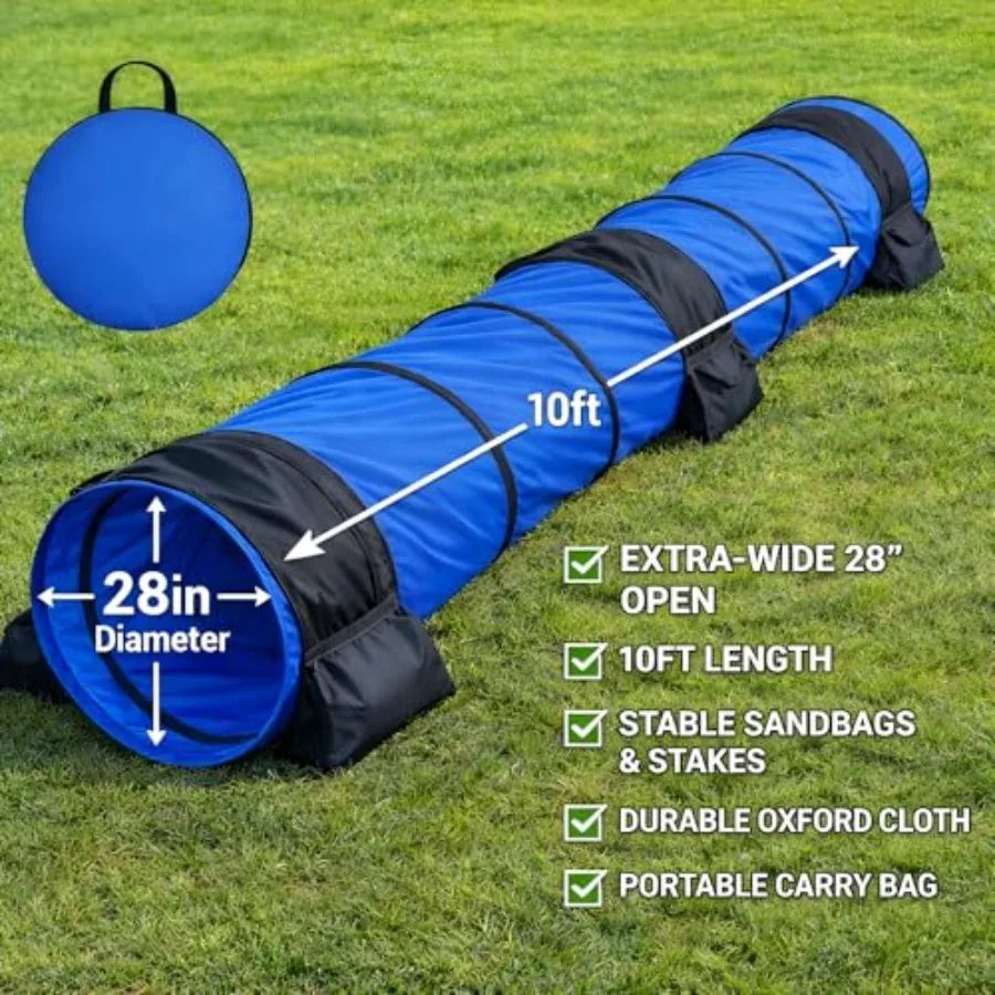 28in Dog Tunnel for Large Dogs, 10ft Heavy Duty Dog Agility Training Equipment with 3 Sandbags 4 Stakes, Portable Carry Bag