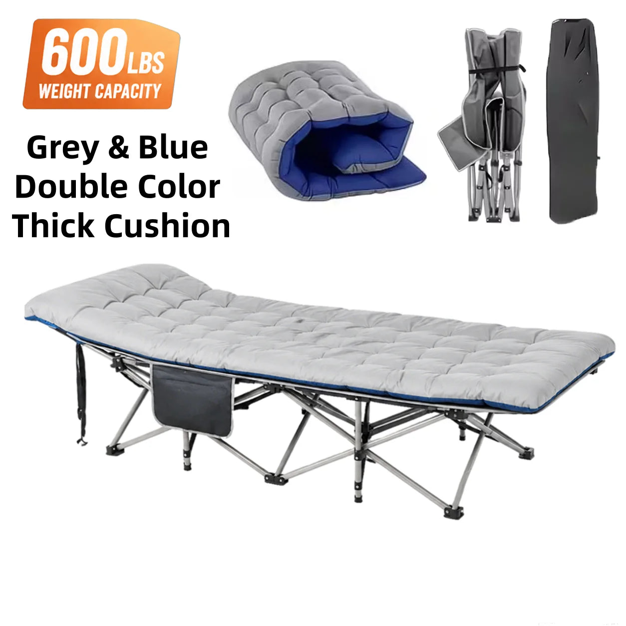 Portable Folding Camping Cot with Thick Mattress – Extra Wide Outdoor Bed with Side Pocket – No Assembly Needed, Heavy Duty Steel Frame for Tent, Hiking, Travel – Easy Carry Sleep System