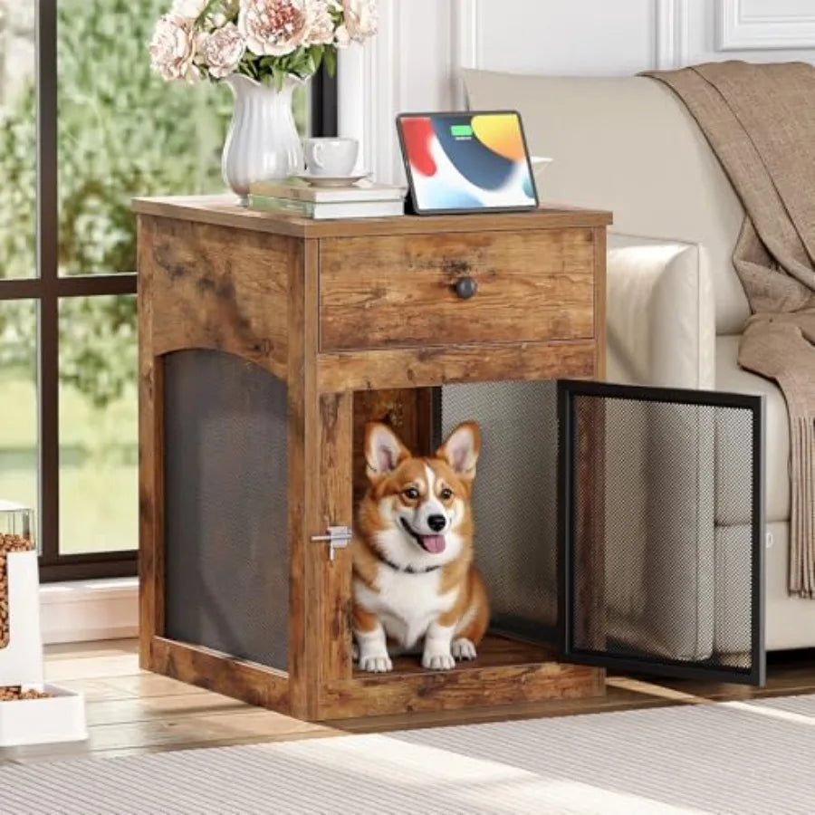 Dog Crate Furniture, Dog Kennel with Drawer and Charging Station, Indoor Decorative Puppy House, Wooden Pet Crate End Table
