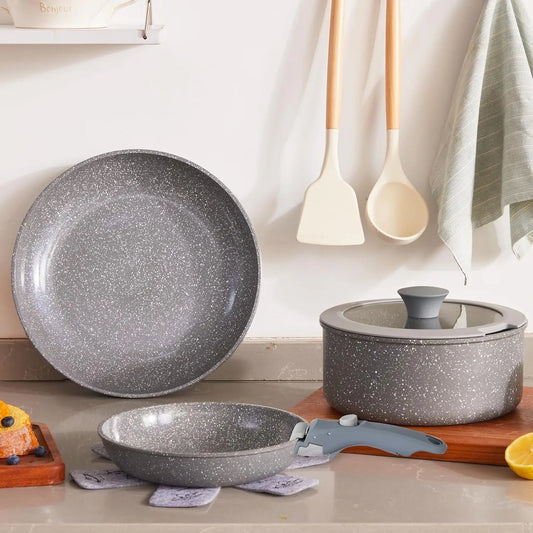 Gray Non Stick Pot and Pan Set with Removable Handle, Ceramic Cookware Set Detachable Handle, 5pcs Induction Kitchen Camping Station