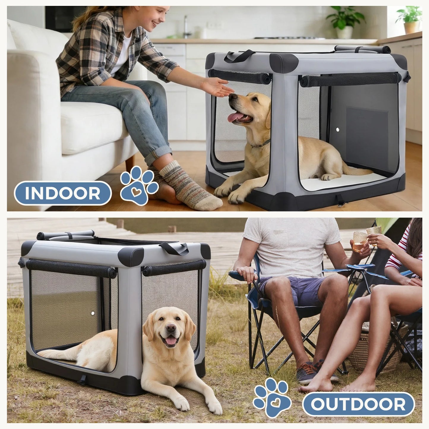 600D Oxford Fabric Foldable Soft Dog Crate Portable Pet Kennel with 3 Doors Use for Small to Extra Large Dogs Indoor