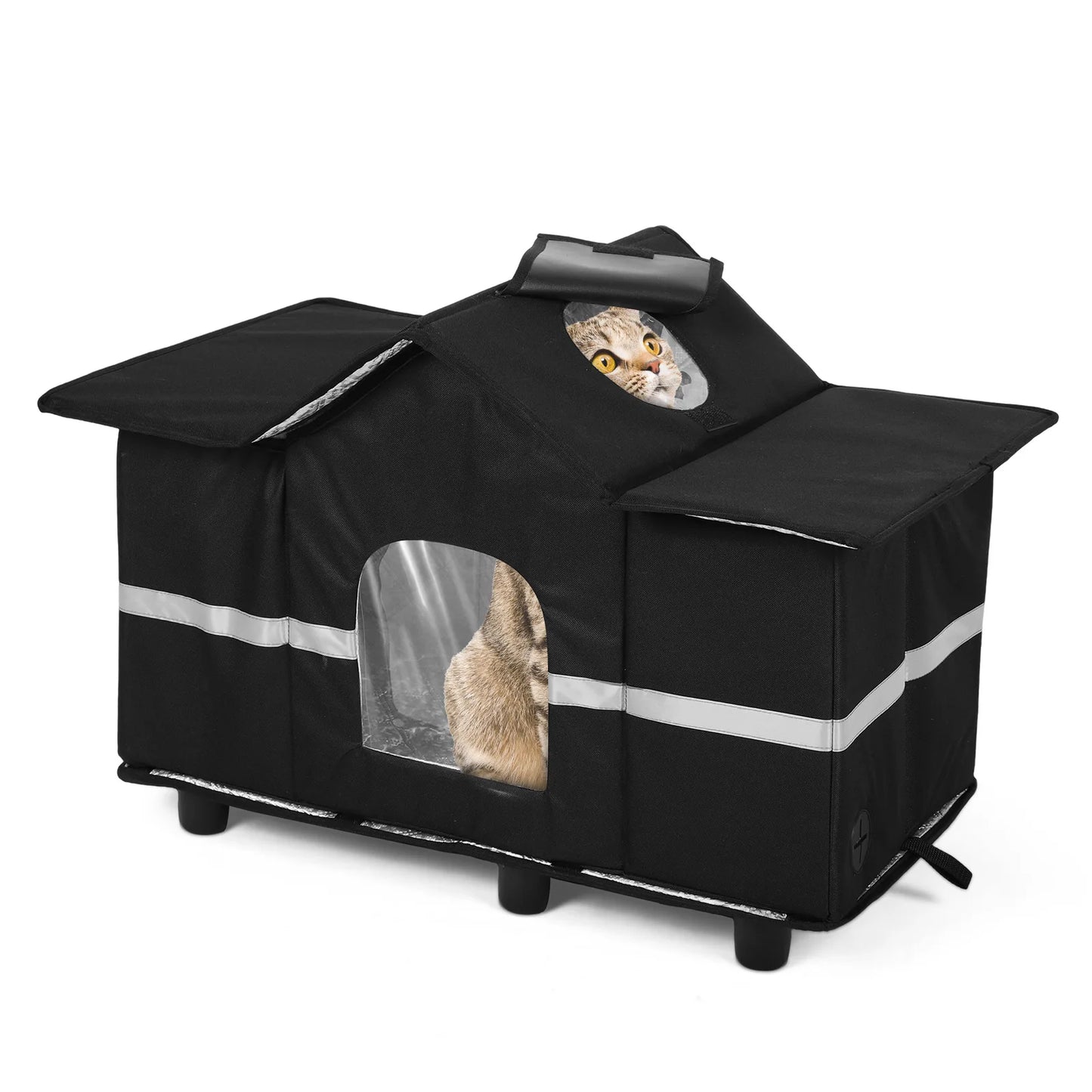 Waterproof Outdoor Elevated Pet House & Roof Window Insulated Cat Shelter Feral Cat House for Stray/Barn Cats with Cozy Cushion