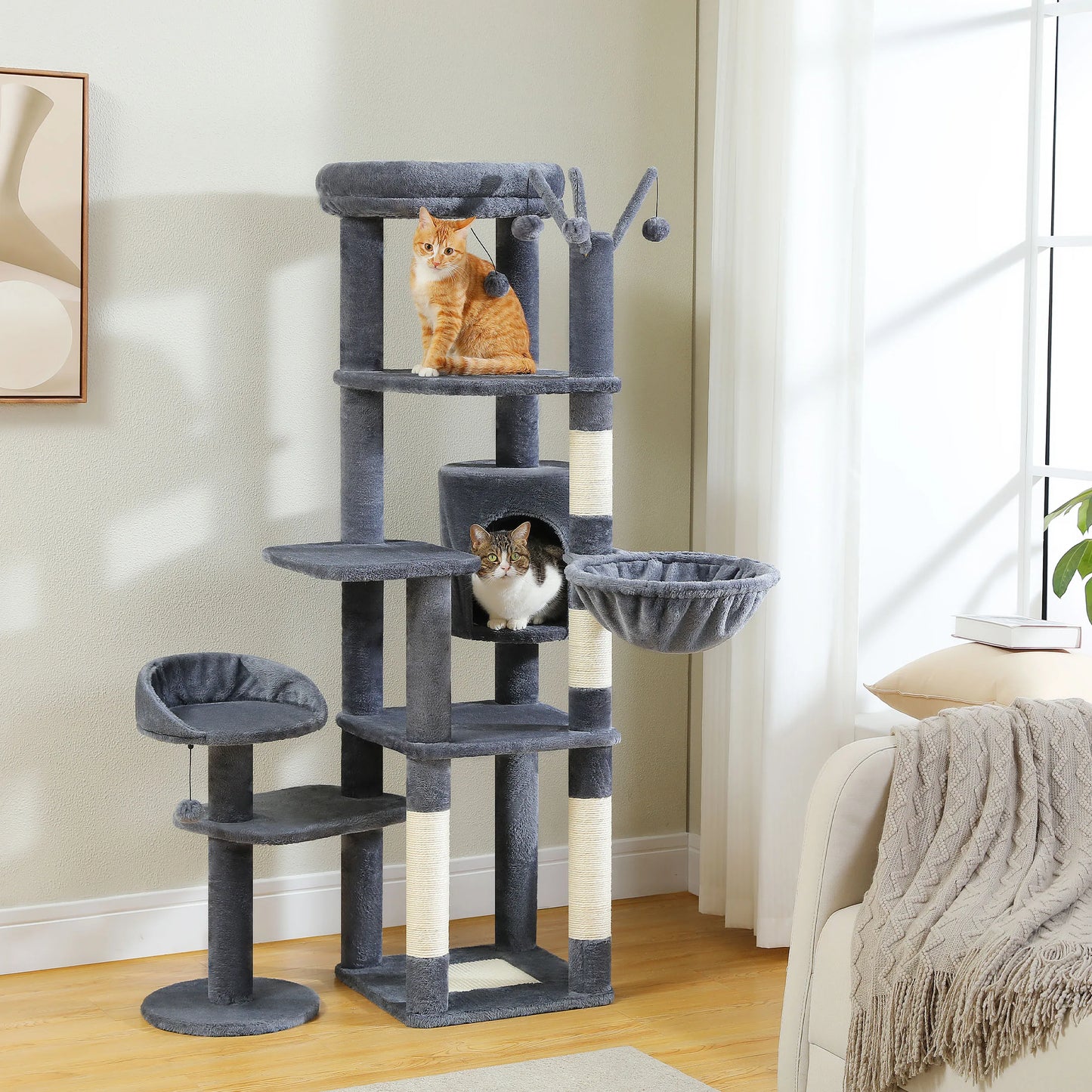 Multi-Level Cat Tree With Scratching Post Hammock Large Perches Hanging Balls Tall Cat Tower for Indoor Spacious Cat Condo House