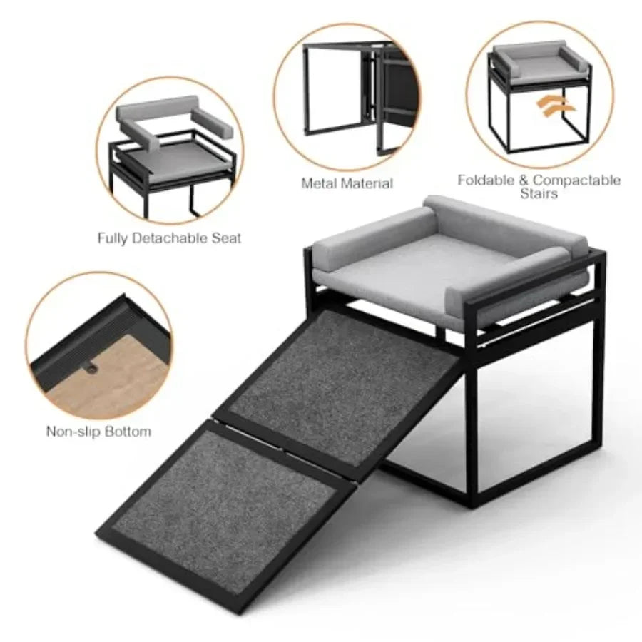 Non-Slip Dog Ramp With Extra-Wide Grey Seat, Metal Frame, Washable Cushion, for High Beds/ Couches/ Office; Ideal for Dachshunds,