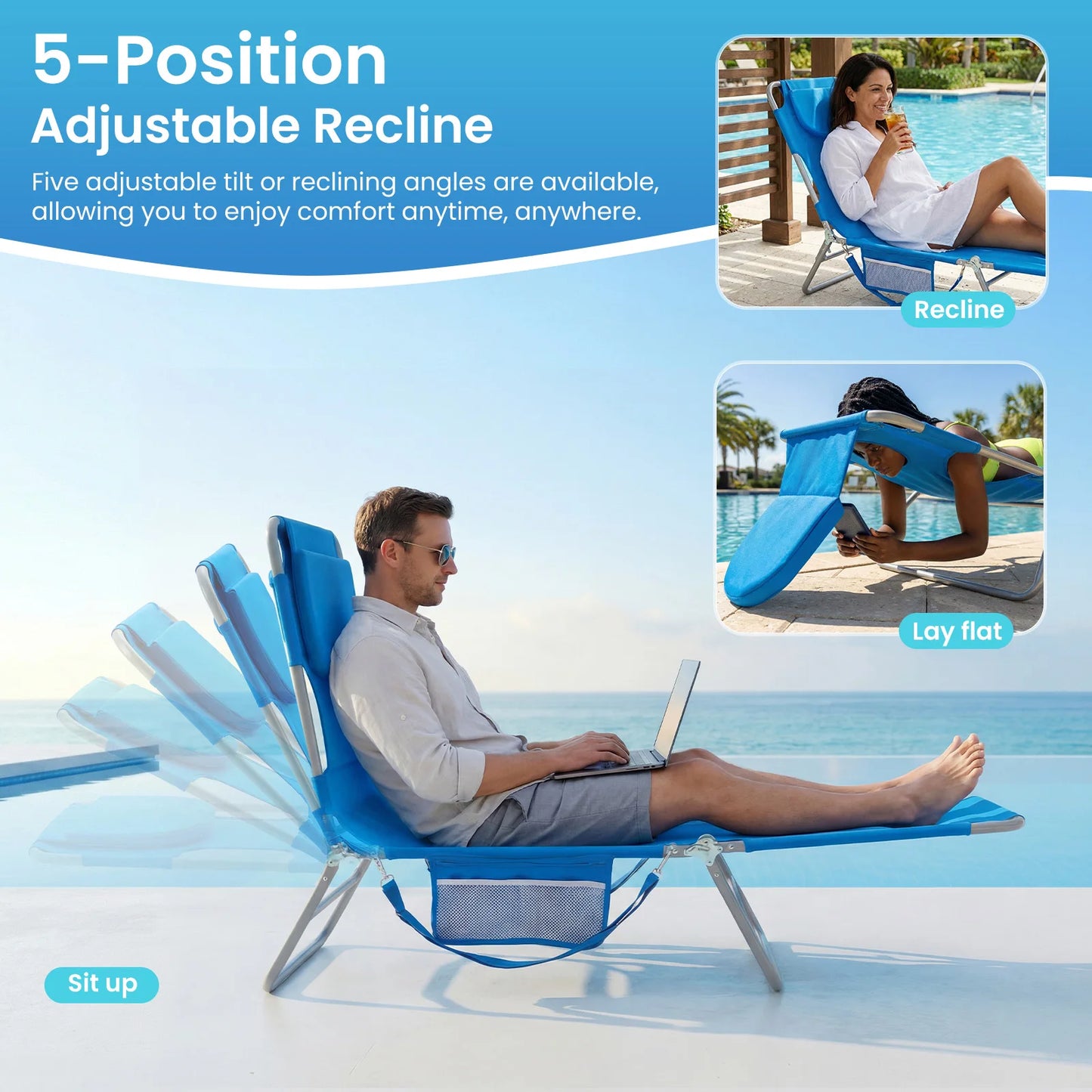 5-Position Adjustable Recline Beach Lounge Chair Portable Folding Sun Chairs with Face Arm Holes Max Load 225 LBS for Patio